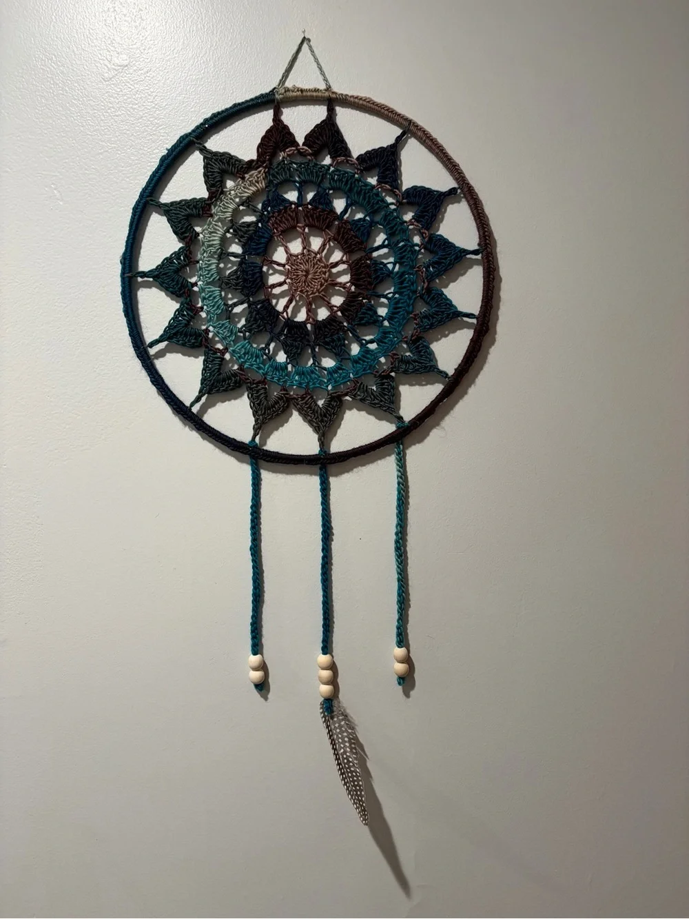 Handmade Crochet Dreamcatcher Teal Brown Boho Wall Hanging
